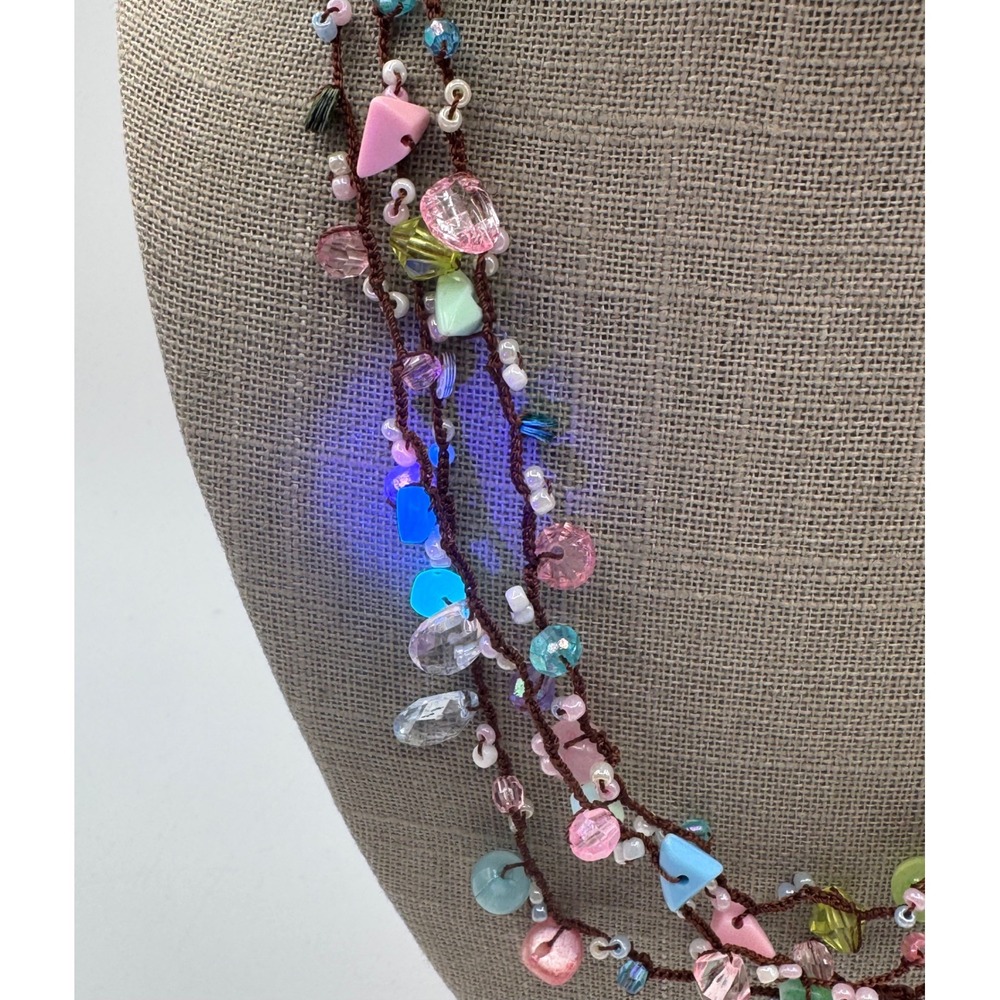 Boho Multi Strand Pastel Beaded Necklace UV Reactive Glass Pearl Mixed Media - Picture 6 of 10